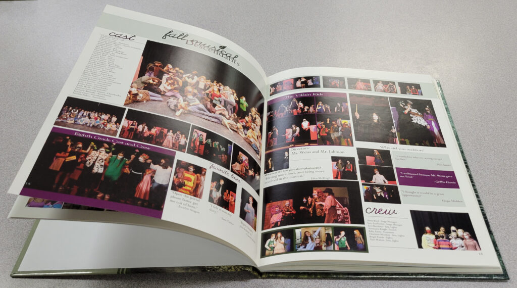 Two pages inside yearbook featuring a collage of photos and a list of students who participated in the fall musical. 