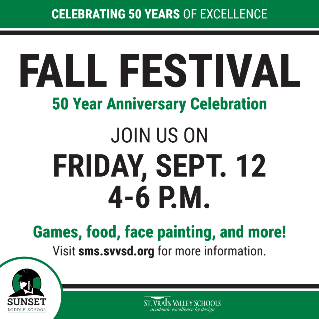Announcement for Fall Festival at Sunset Middle School on Sept. 12, 4-6 PM, featuring games, food, and face painting.
