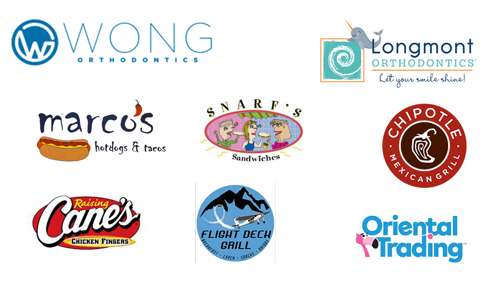 Logos of local businesses including Wong Orthodontics, Marco's, Snarf's, Chipotle, Cane's, Flight Deck Grill, and Oriental Trading.