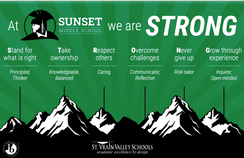 Sunset Middle Valores del colegio: defender lo que es correcto, sentido de la responsabilidad, respeto, superar los retos, perseverancia, crecimiento.